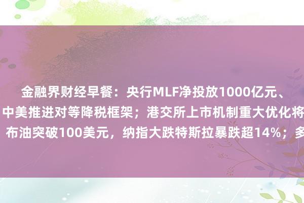金融界财经早餐：央行MLF净投放1000亿元、证监会多措并举稳市场；中美推进对等降税框架；港交所上市机制重大优化将公布；布油突破100美元，纳指大跌特斯拉暴跌超14%；多公司披露回购方案（7月24日）