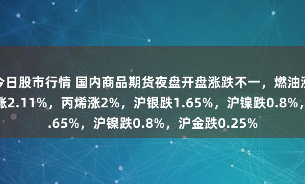 今日股市行情 国内商品期货夜盘开盘涨跌不一，燃油涨2.53%，原油涨2.11%，丙烯涨2%，沪银跌1.65%，沪镍跌0.8%，沪金跌0.25%